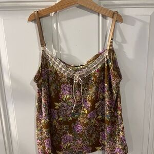Free People Brown Floral Camisole with Lace Trim